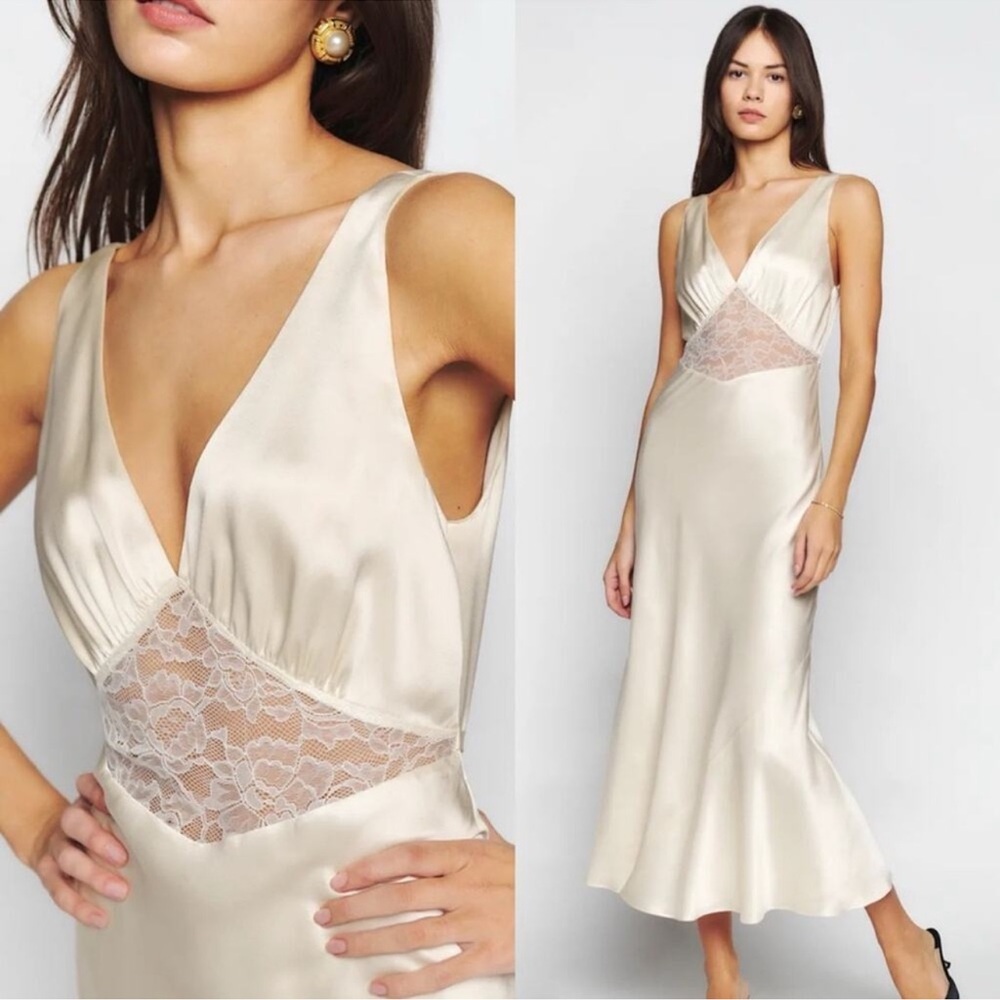 Reformation Ivory Satin Lace-Panel Midi Slip Dress